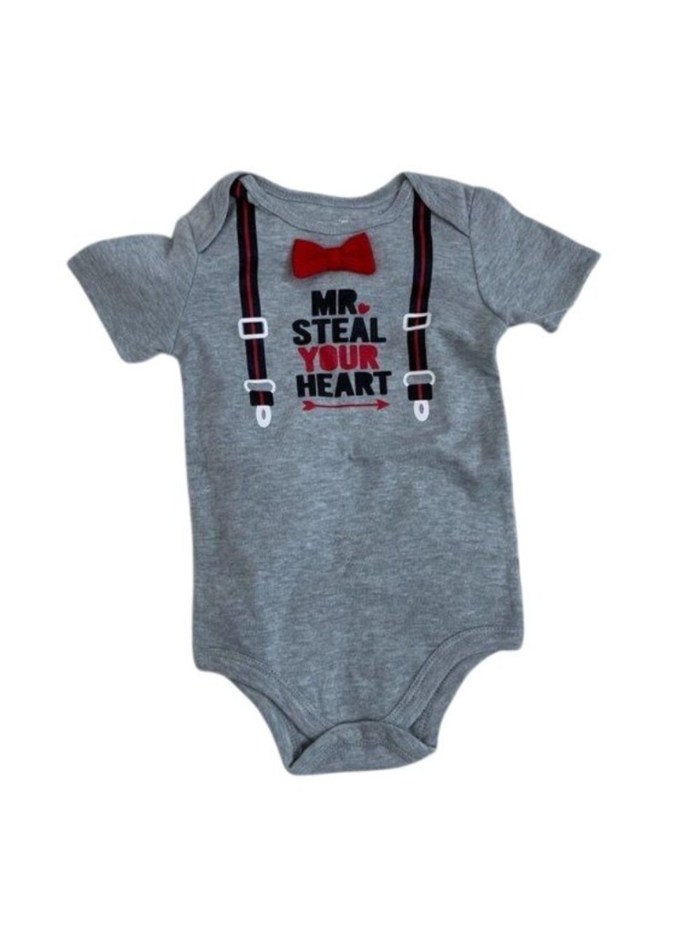 Mr. Steal Your Heart Baby Boy Onesie With Suspenders & Bow Tie Design